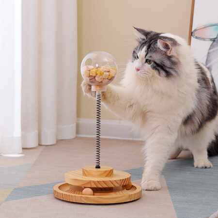 Wooden Cat Treat Dispenser Toy & Slow Feeder Ball