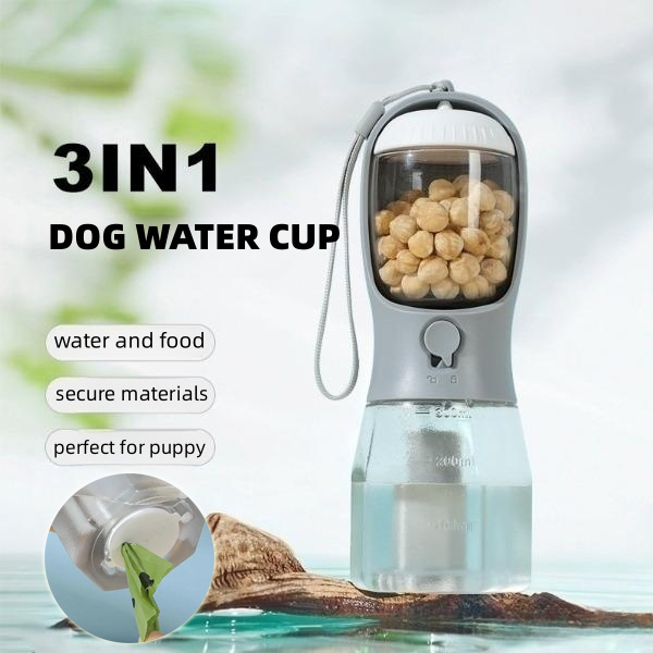 3-in-1 Portable Dog Travel Water Bottle with Food & Waste Bag Dispenser